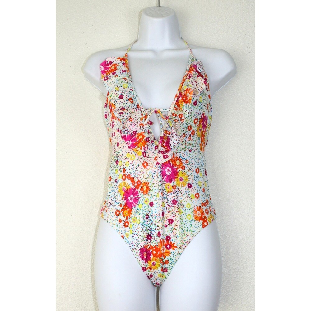 BILABONG NWT 1 Pc Swimsuit Sz. M Halter Multicolor Floral & Dots Flounce  #02